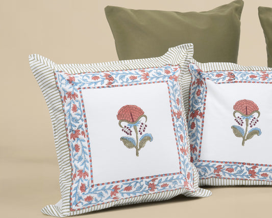 Avinya - Marigold 100% Cotton Hand Block Print & Velvet Cushion Cover Set 5 Pcs
