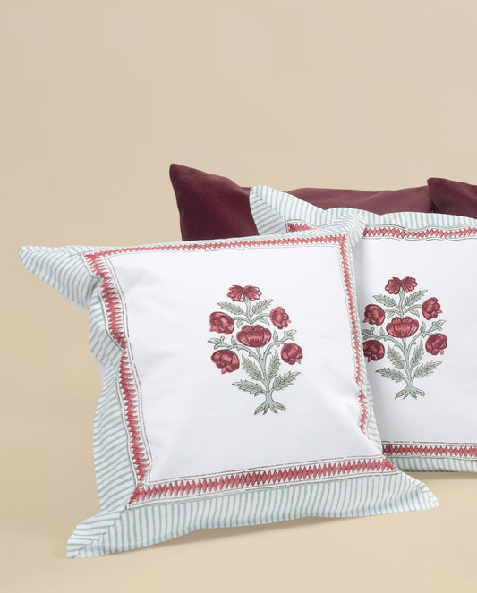 Avinya - Gulab 100% Cotton Hand Block Print & Velvet Cushion Cover Set 5 Pcs