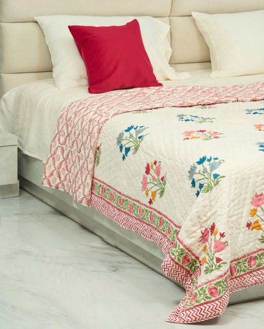 Saanjh 100% Premium Mulmul Cotton Hand Made & Hand Block Print Quilt -Single