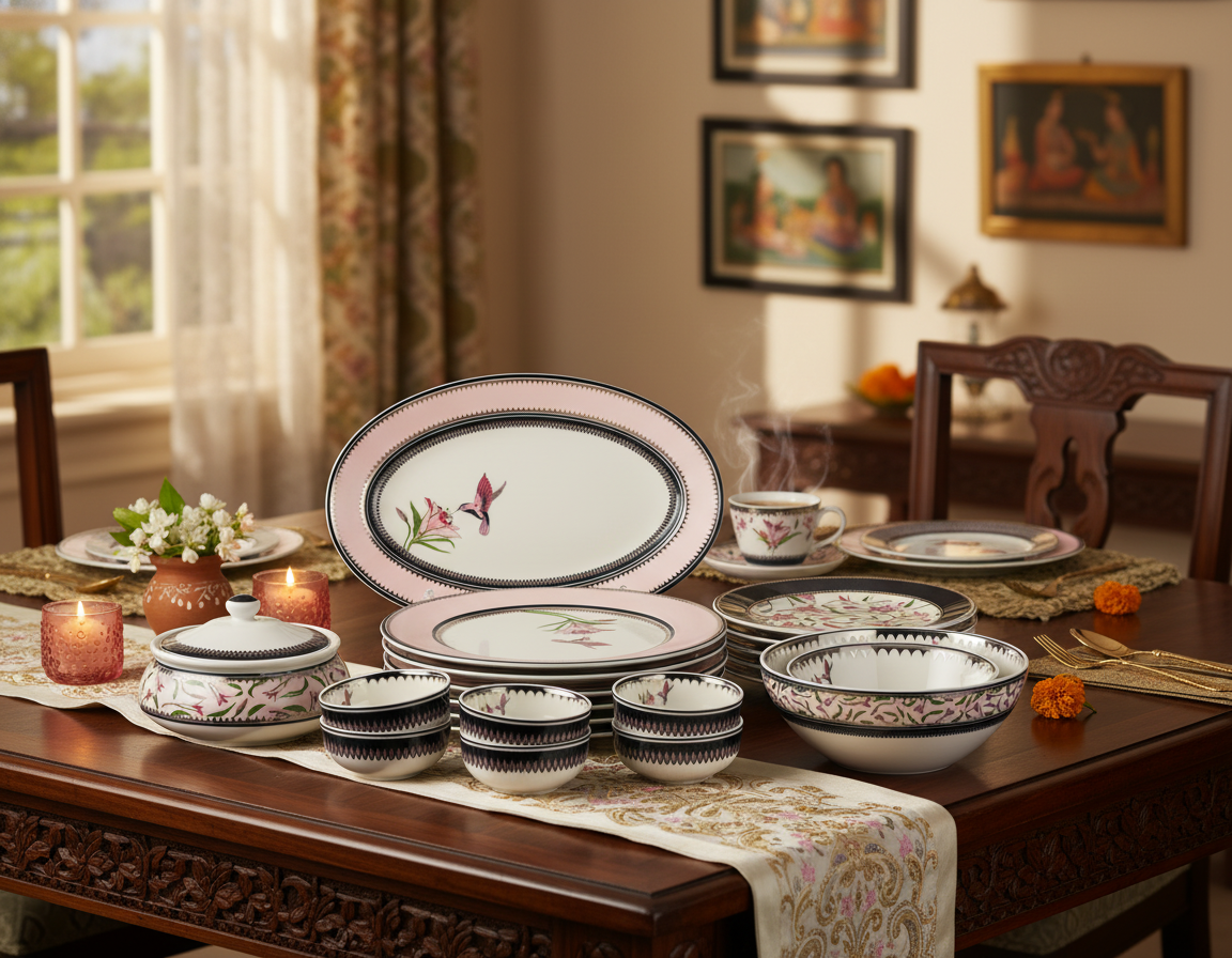 Lilium Collection Porcelain Dinner Set With Platinum Ascent