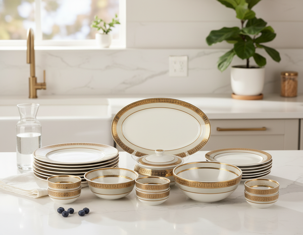 Dru Collection Porcelain Dinner Set with 24K Gold Ascent