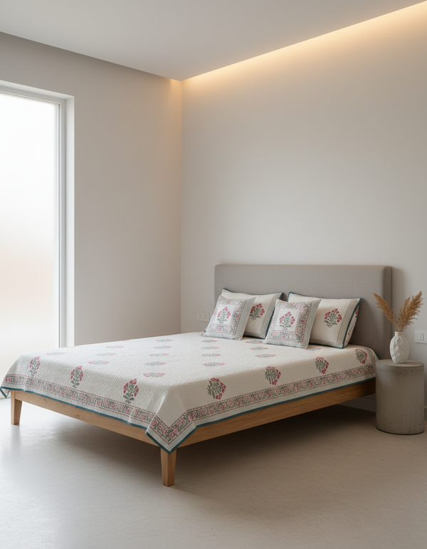 Rasa 100% Premium Mulmul Cotton Hand Block Print Quilted Bed Cover