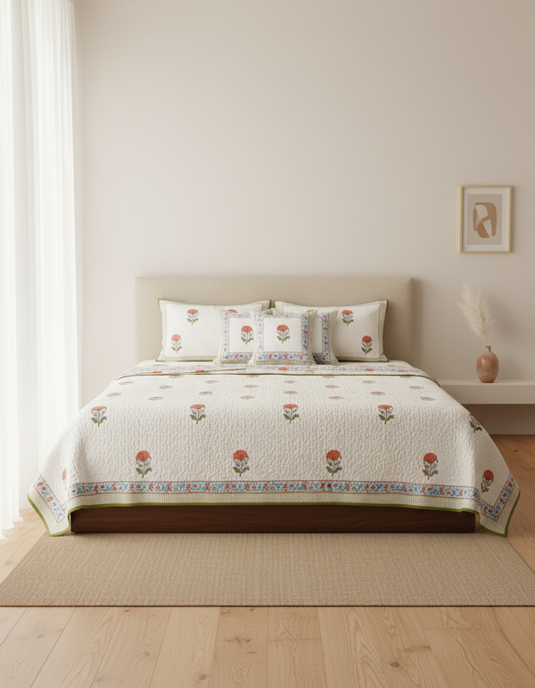 Rasa 100% Premium Mulmul Cotton Hand Block Print Quilted Bed Cover
