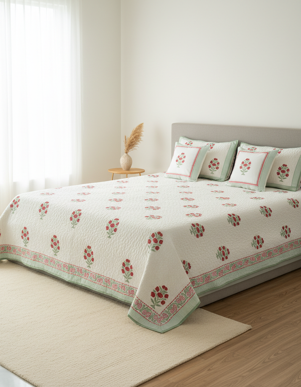 Rasa 100% Premium Mulmul Cotton Hand Block Print Quilted Bed Cover