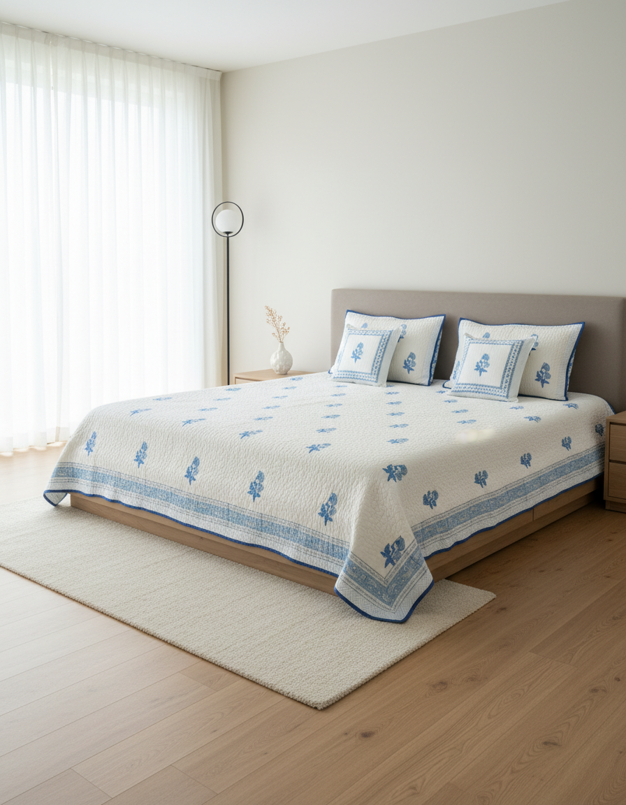 Rasa 100% Premium Mulmul Cotton Hand Block Print Quilted Bed Cover