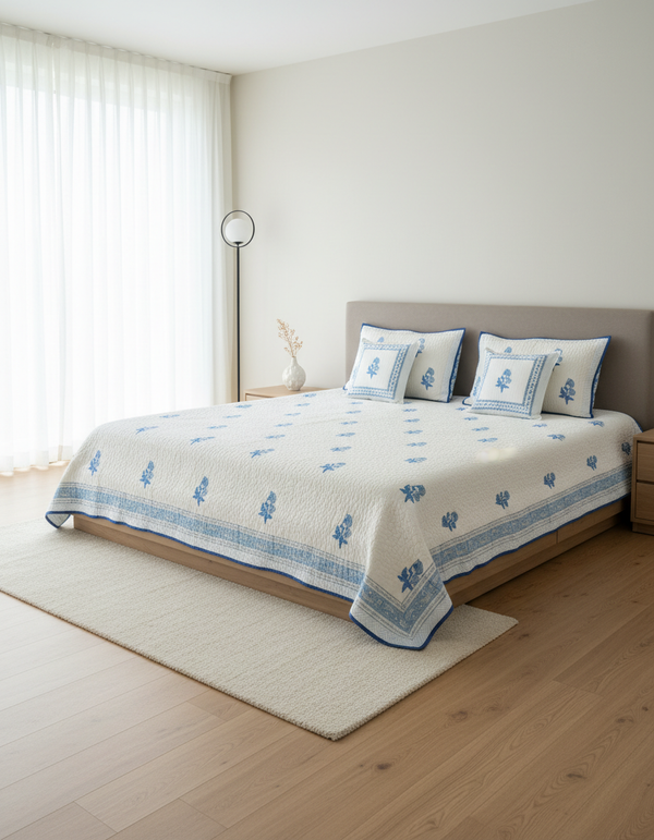 Rasa 100% Premium Mulmul Cotton Hand Block Print Quilted Bed Cover