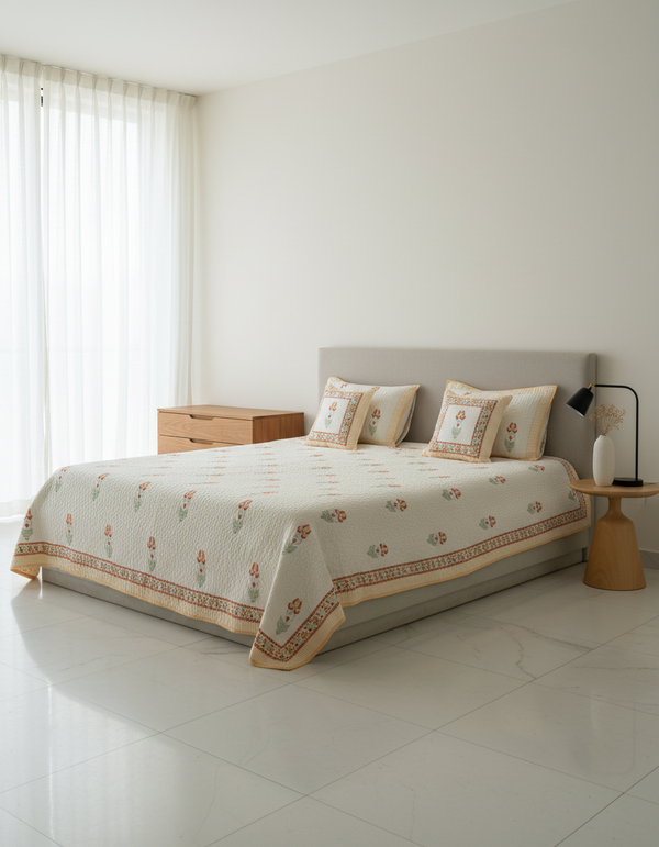 Rasa 100% Premium Mulmul Cotton Hand Block Print Quilted Bed Cover