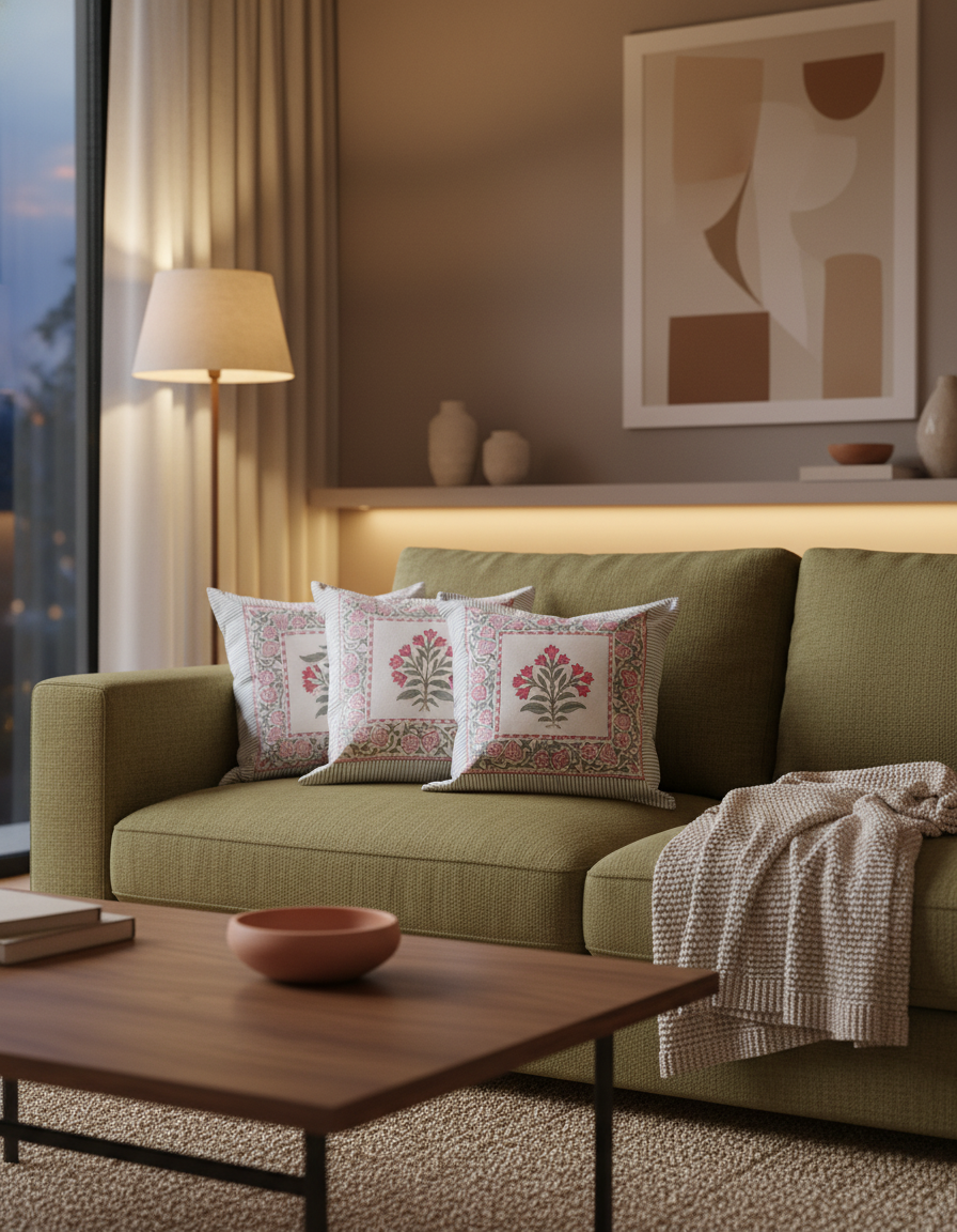 Suki Triple-Flower Boota Hand Block Cushion Cover