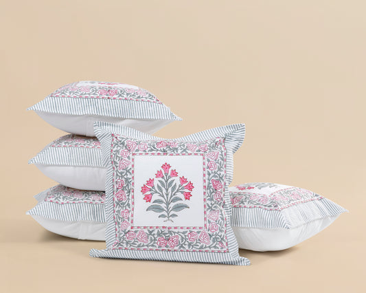 Suki Triple-Flower 100% Cotton Hand Block Print Cushion Cover Set 5 pcs