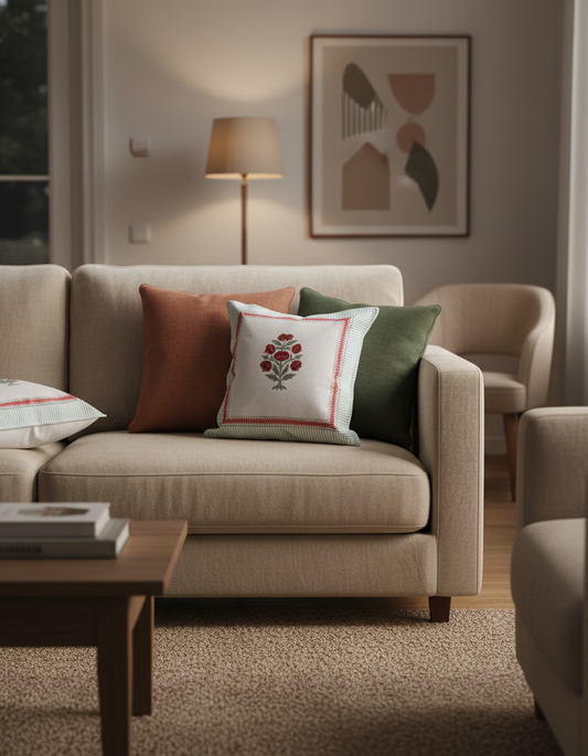 Suki Gulab Boota Hand Block Cushion Cover