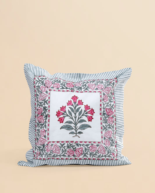 Avinya - Triple Flower 100% Cotton Hand Block Print & Velvet Cushion Cover Set 5 Pcs