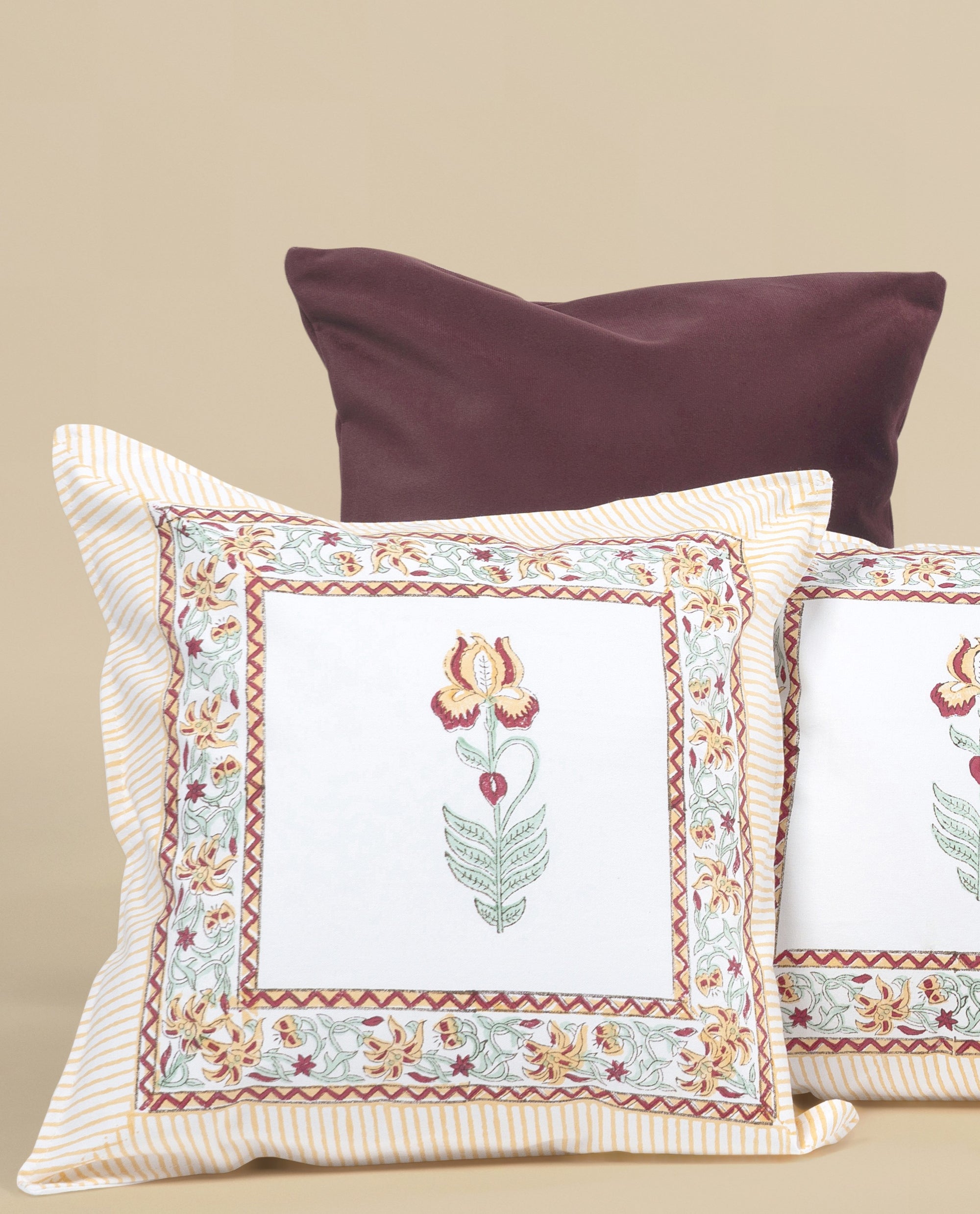 Avinya - Tulip 100% Cotton Hand Block Print & Velvet Cushion Cover Set 5 Pcs