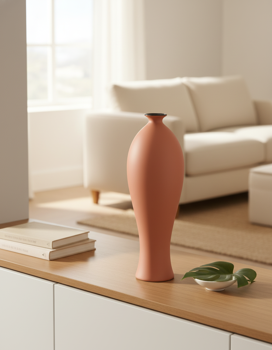 Matte Terracotta Bud Brushed Ceramic Vase with Black Rim