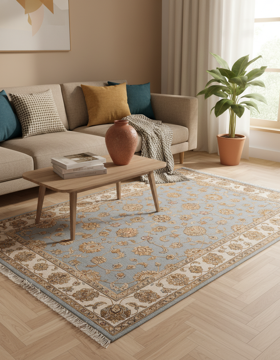 Emperor wool silk carpet - Blue Ivory