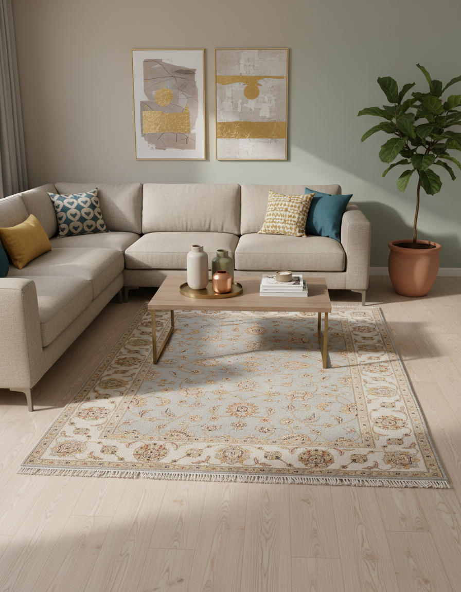 Majestic vine wool silk carpet - Blue Ivory