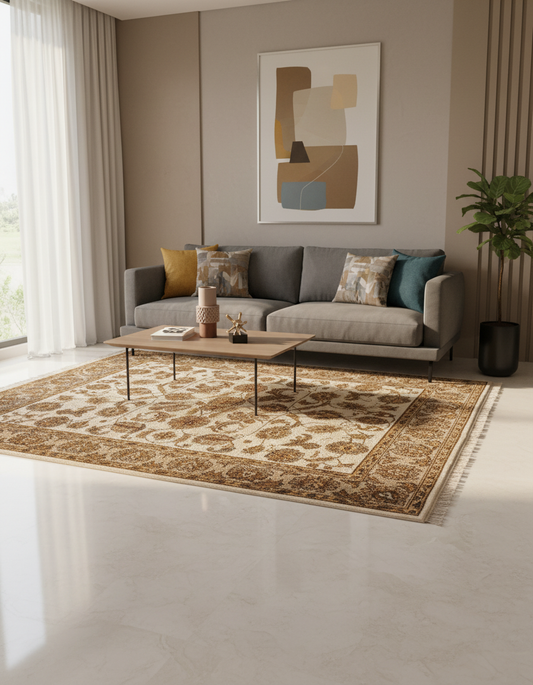 Majestic vine wool silk carpet - Ivory camel