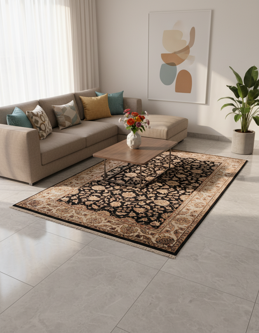 Majestic vine wool silk carpet - Black Ivory