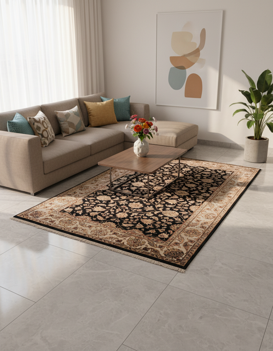Majestic vine wool silk carpet - Black Ivory