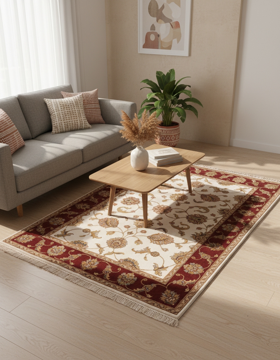 Royal persian wool silk carpet - Ivory Red
