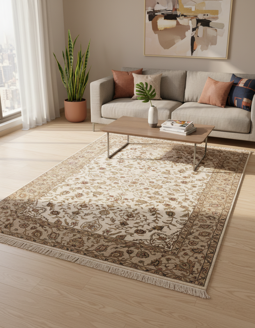 Regal Elegance Wool Silk Carpet - Ivory Camel