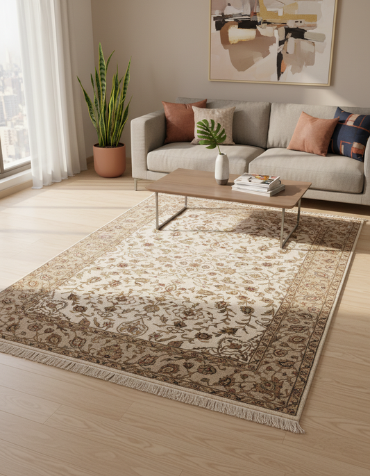 Regal Elegance Wool Silk Carpet - Ivory Camel
