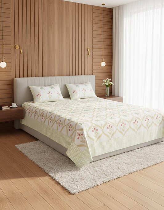 Emerald - Palm & Rose Hand Block Print 100% Cotton Bedsheet Set