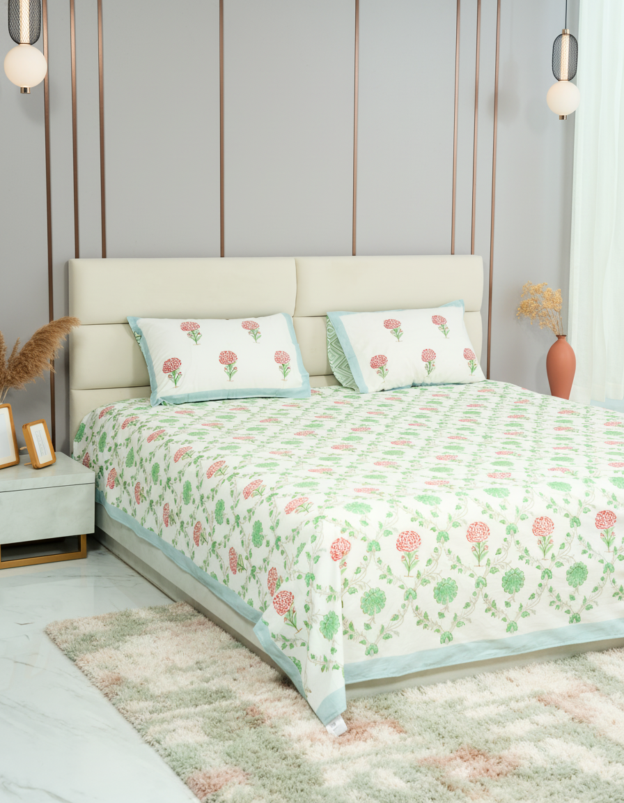 Emerald – Handblock Print Bed Sheet Set (D3)