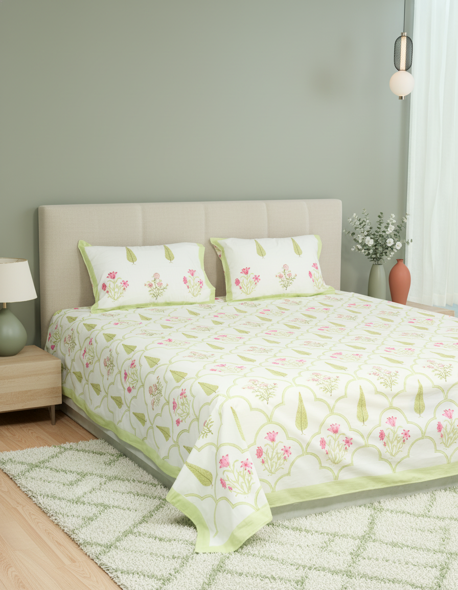 Emerald – Handblock Print Bed Sheet Set (D6)