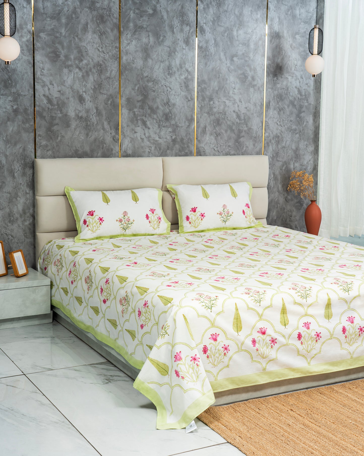 Emerald – Handblock Print Bed Sheet Set (D6)