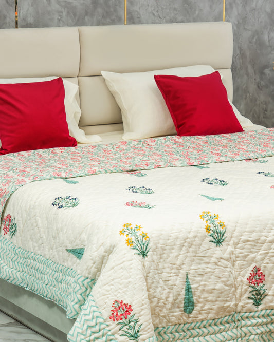 Saanjh 100% Premium Mulmul Cotton Hand Made & Hand Block Print Quilt - Single
