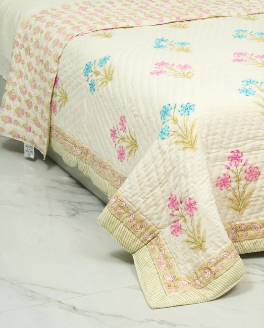 Saanjh 100% Premium Mulmul Cotton Hand Made & Hand Block Print Quilt - Single