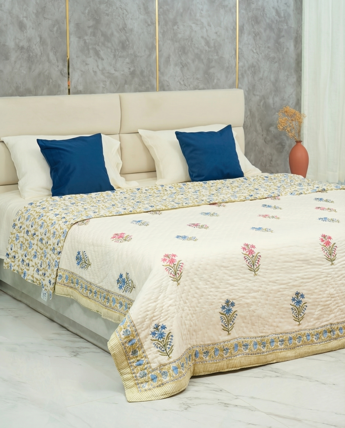 Saanjh 100% Premium Mulmul Cotton Hand Made & Hand Block Print Quilt - Single