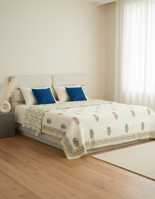 Saanjh 100% Premium Mulmul Cotton Hand Made & Hand Block Print Quilt - King