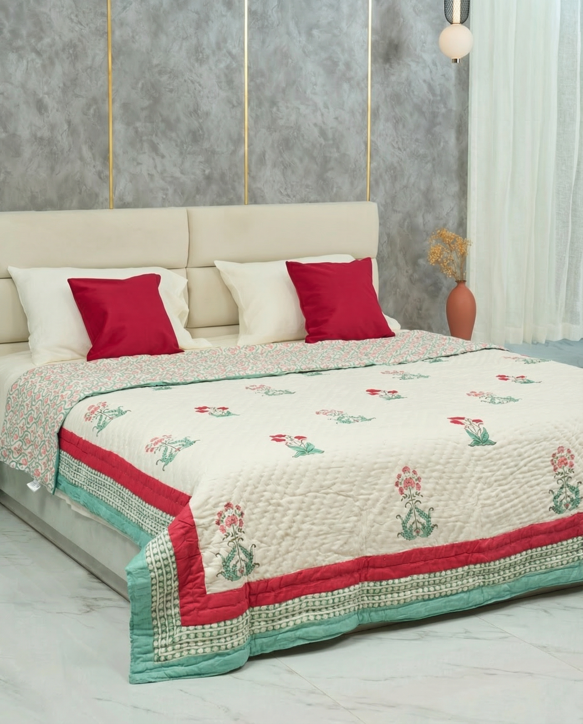 Saanjh 100% Premium Mulmul Cotton Hand Made & Hand Block Print Quilt - King