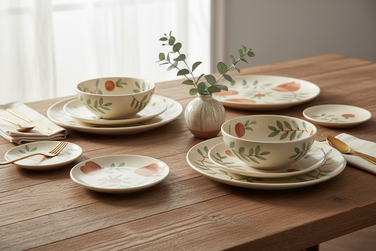 Crafted by master artisans, the MaiahHome Ceramic Dinner Set combines artistry and function.

Each piece features subtle hand-painted detailing inspired by nature — blending classic craftsmanship with modern design.

The 12-piece set includes dinner plates, bowls, and dessert dishes to complete your table with timeless charm.

Key Features:

Hand-painted stoneware ceramic

Microwave and dishwasher safe

Lead-free and eco-friendly

Scratch-resistant glaze

Set of 12 pieces